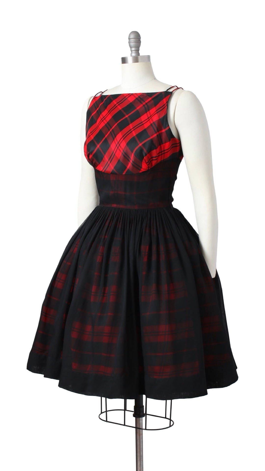 1950s Plaid Taffeta & Chiffon Dress | small