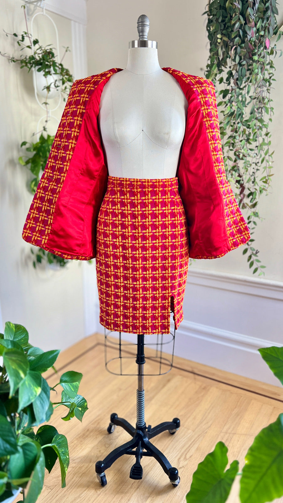 1980s ESCADA Chenille Plaid Wool Skirt Suit | medium