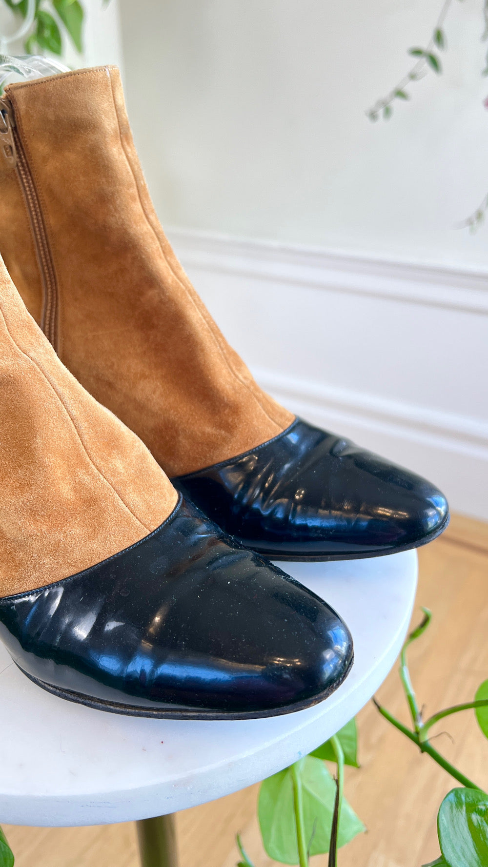 1960s Suede + Patent Leather Ankle Boots | size US 6.5