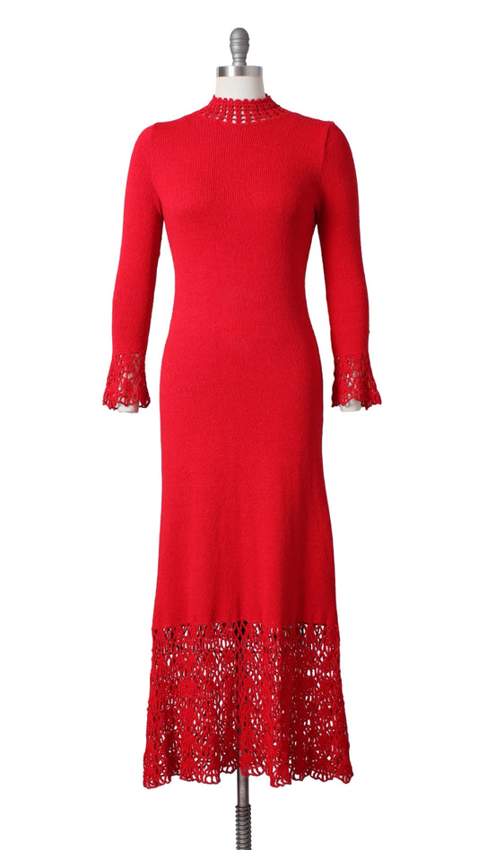1970s Red Knit & Crochet Maxi Dress | x-small/small/medium