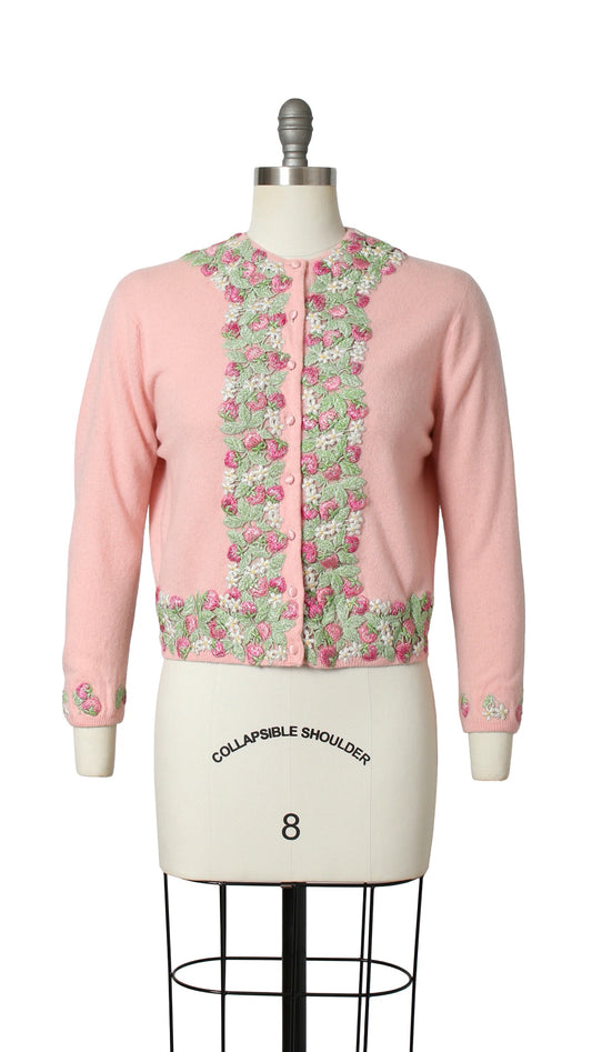 NEW | 1950s DALTON Knit Cashmere Strawberry Floral Appliqué Cardigan | medium/large