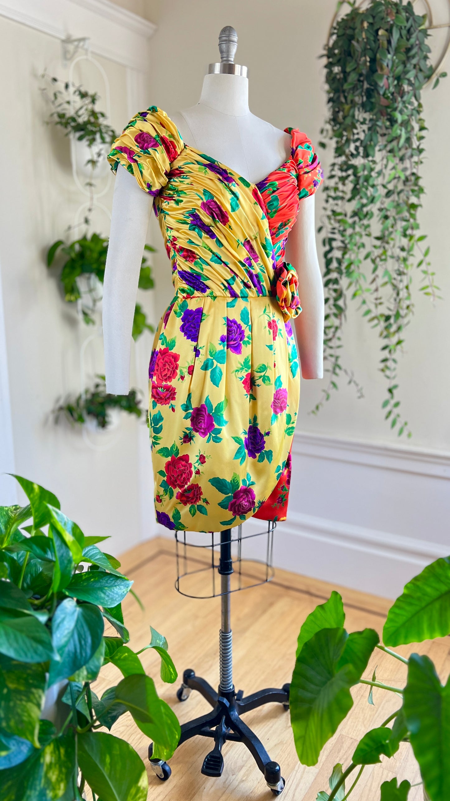 1980s Silk Rose Print Cocktail Dress | small