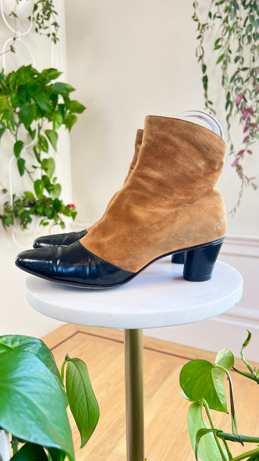 1960s Suede + Patent Leather Ankle Boots | size US 6.5