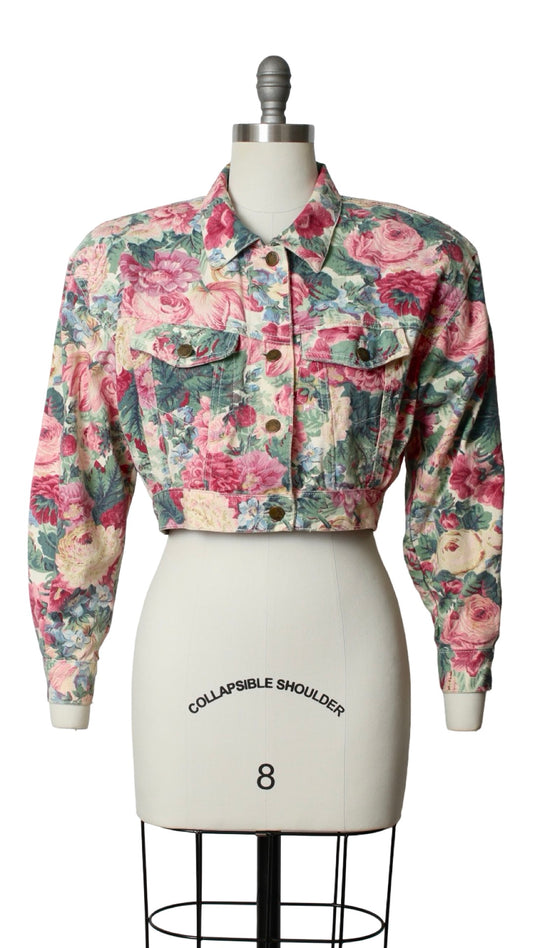 NEW | 1990s Floral Denim Cropped Jacket | medium