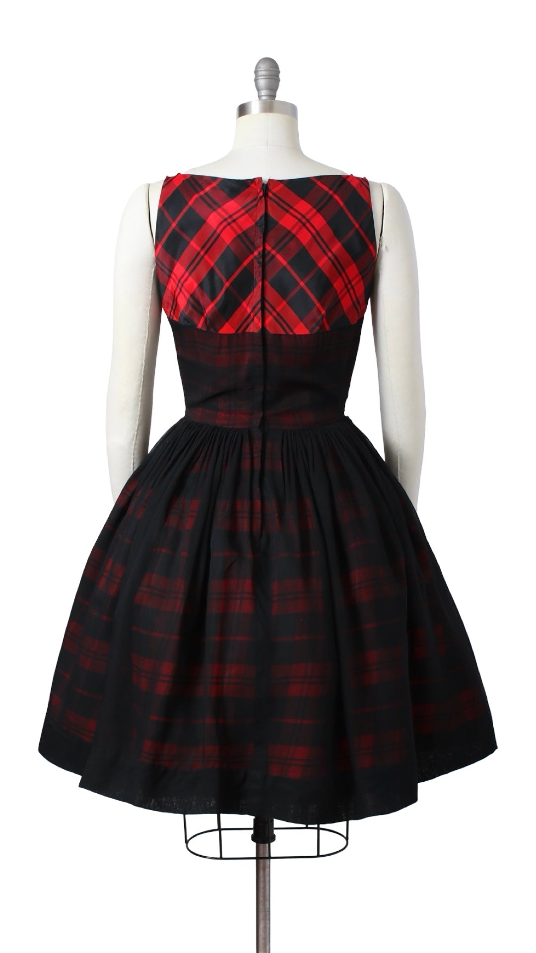 1950s Plaid Taffeta & Chiffon Dress | small