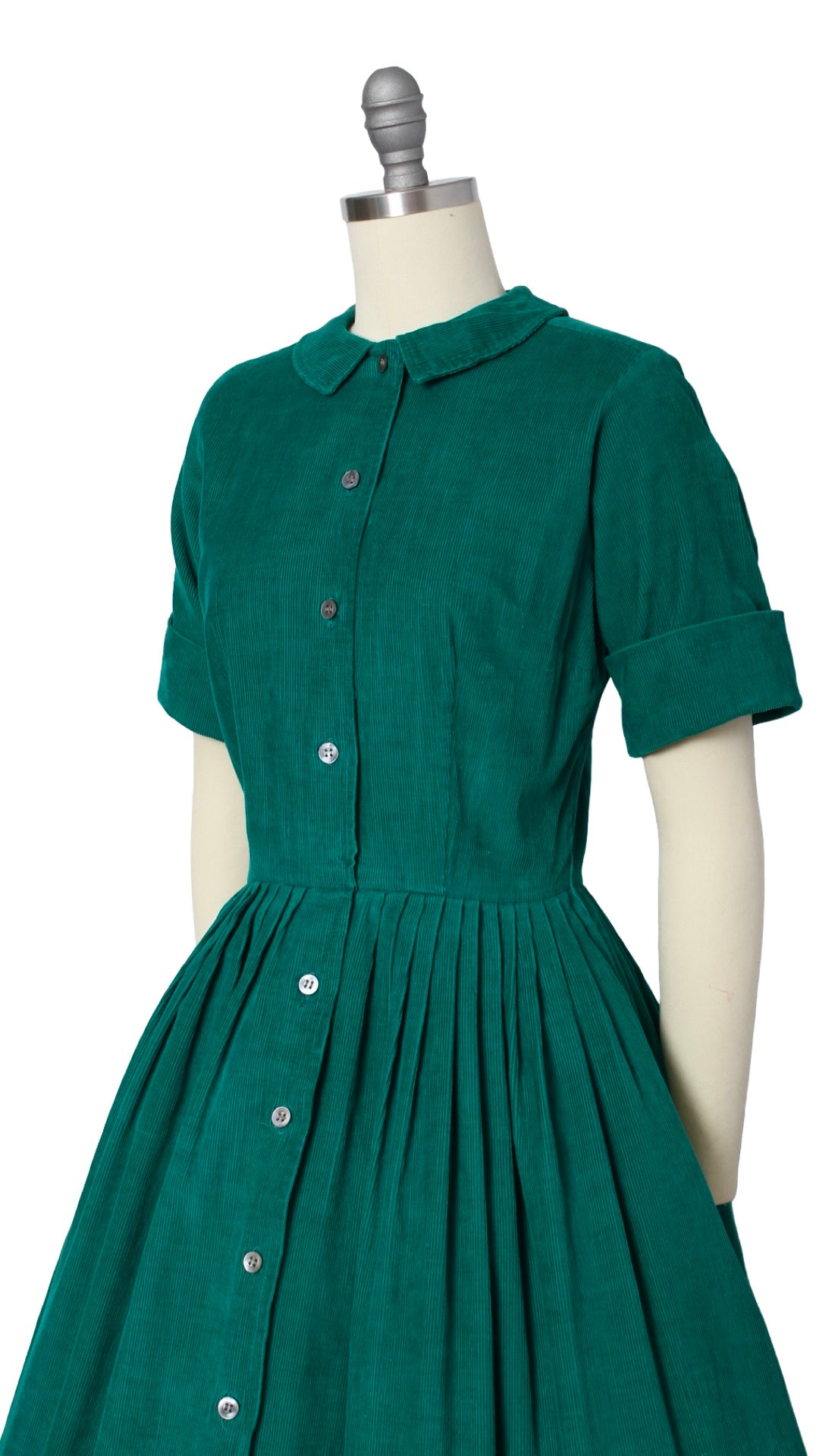 1950s 1960s Green Corduroy Shirtwaist Dress | small