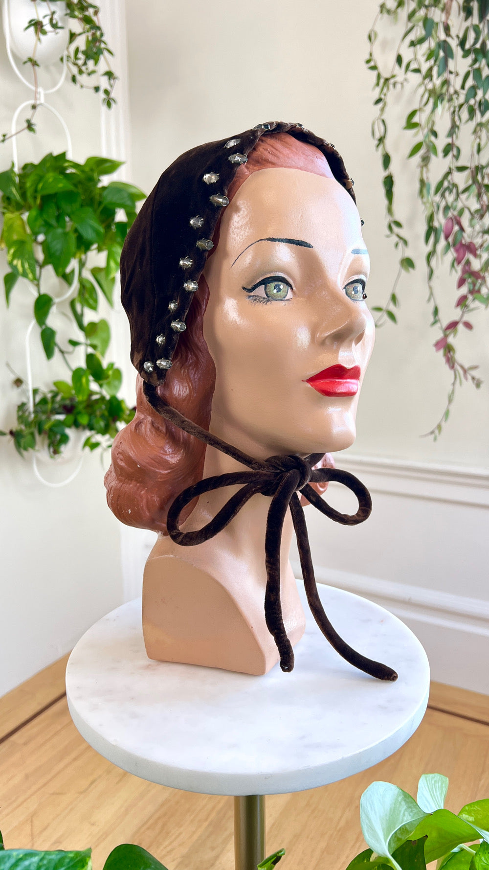 1950s Rhinestone Studded Brown Velvet Bonnet