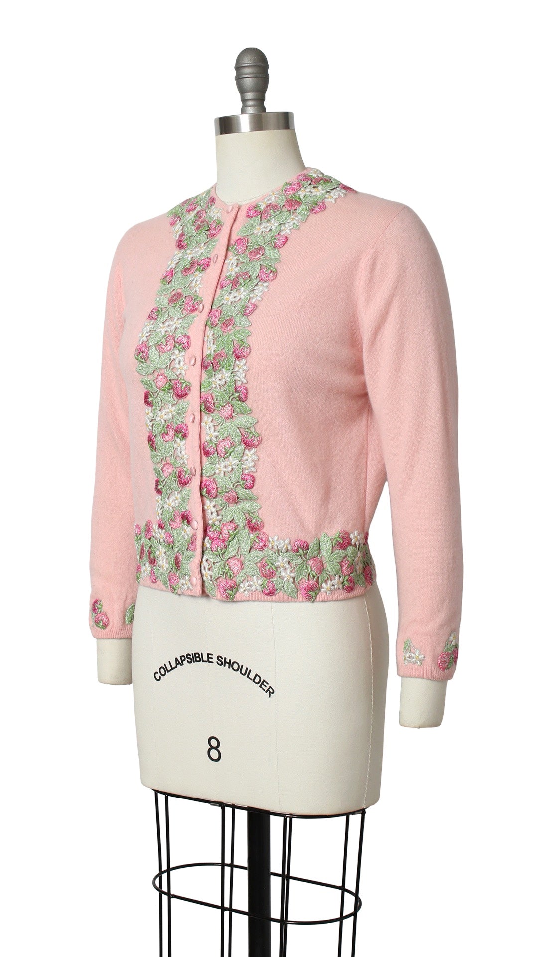 1950s DALTON Knit Cashmere Strawberry Floral Appliqué Cardigan | medium/large