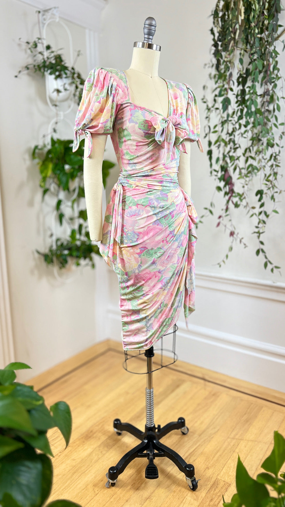 Vintage 1980s 80s Ungaro Designer Floral Silk Jersey Draped Wiggle Sheath Tea Day Dress Stretchy Couture Pastel Print xs xsmall
