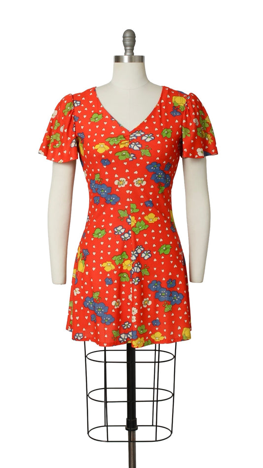 NEW | 1970s Frog Floral Hearts Novelty Print Dress | small