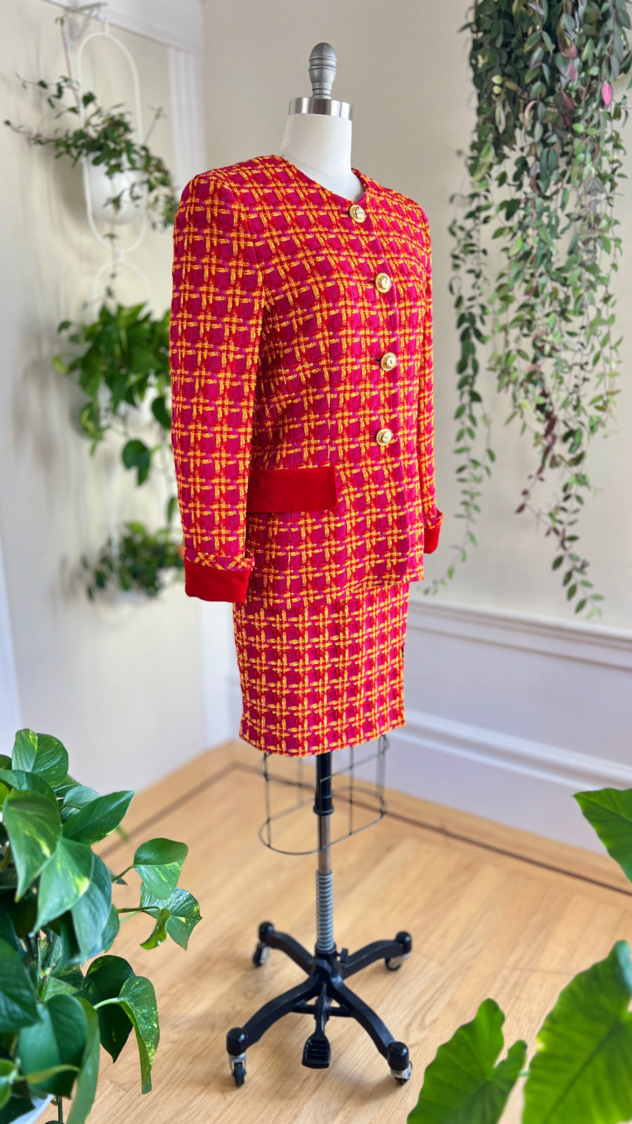 1980s ESCADA Chenille Plaid Wool Skirt Suit | medium