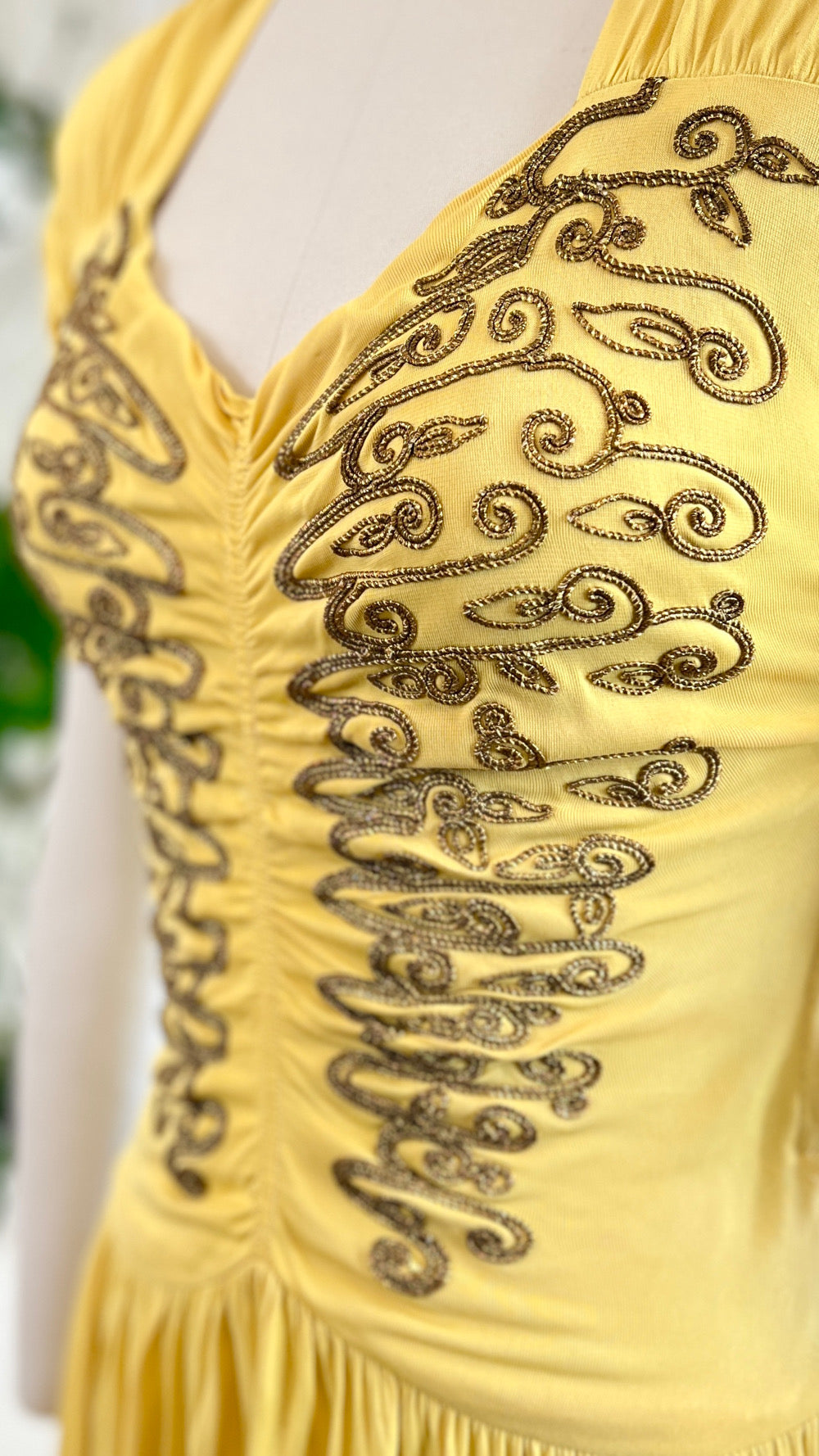 1940s Gold Filigree Yellow Jersey Party Dress | small