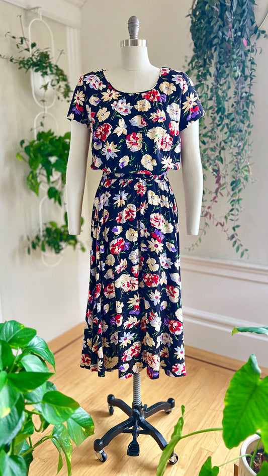 1980s does 1940s Floral Rayon Dress | small/medium/large