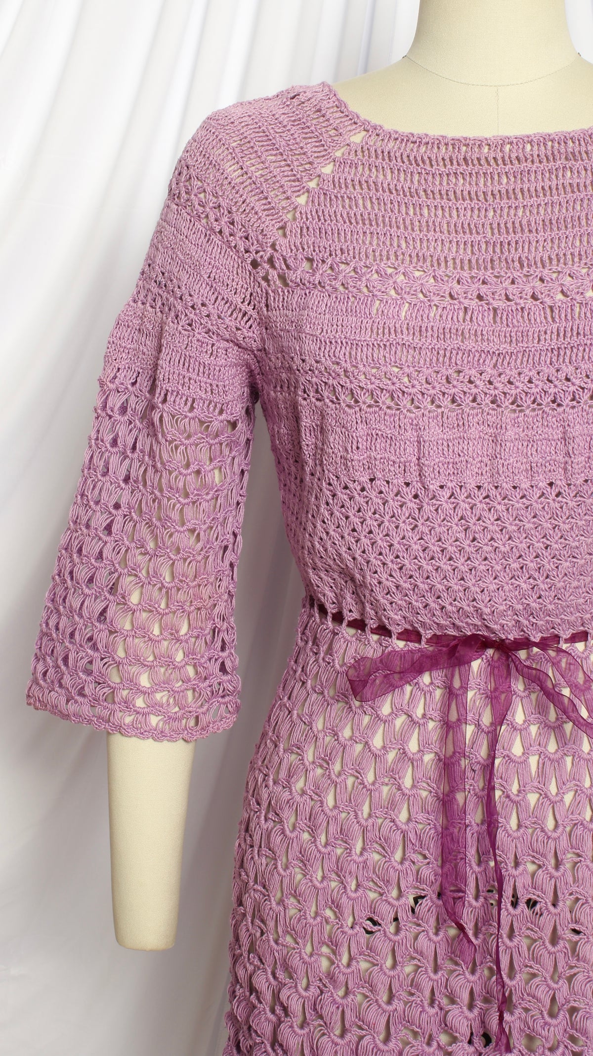 NEW | 1970s Purple Crochet Bell Sleeve Dress | small/medium/large