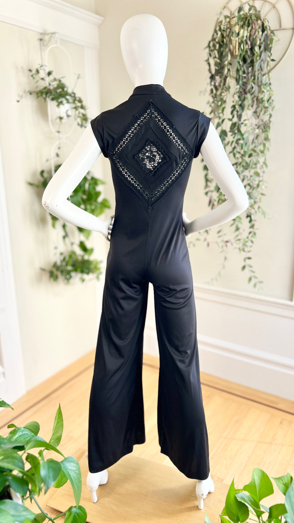 1970s Diamond Lace Black Jumpsuit | x-small/small