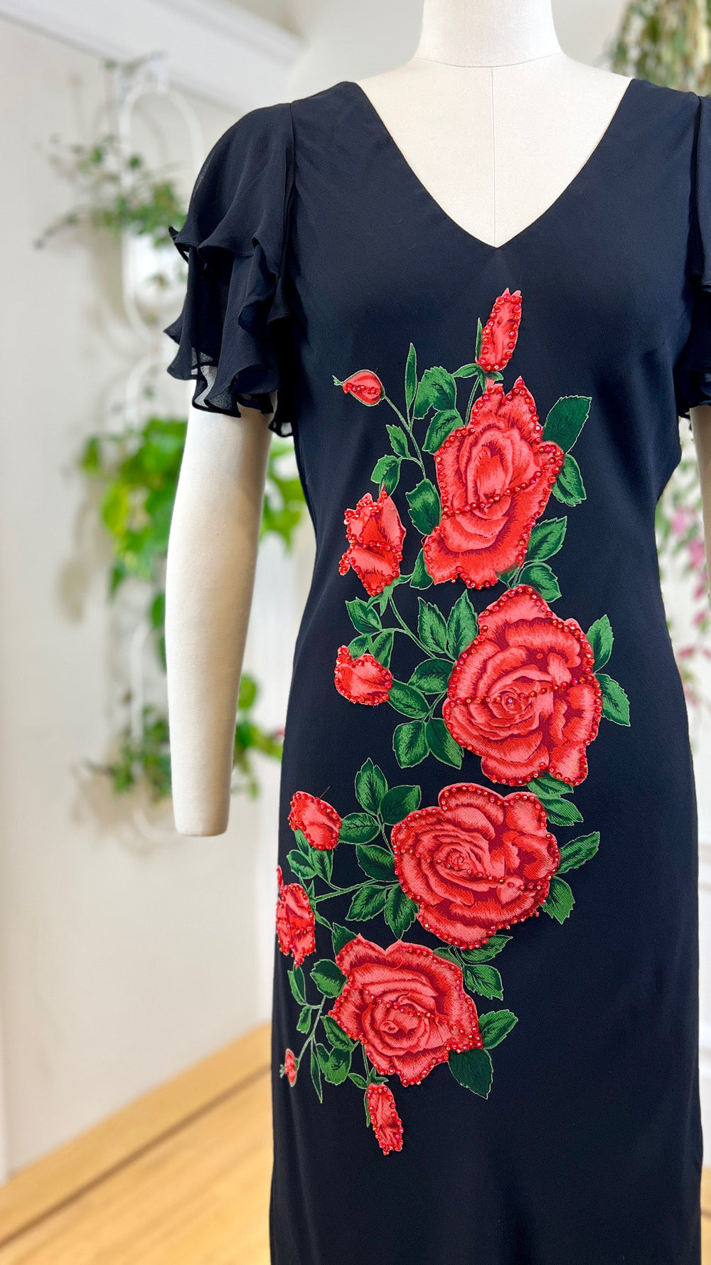 2000s Sequin Roses Bias Cut Rayon Dress | medium/large