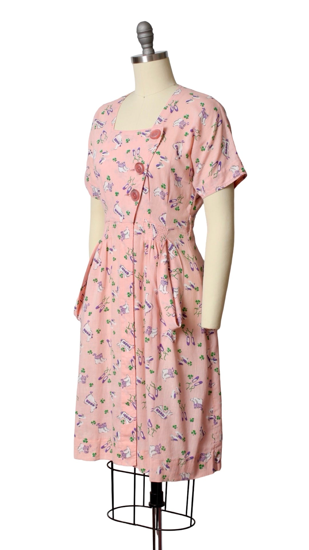 NEW | 1930s 1940s Shoes + Clover Novelty Print Dress | petite small