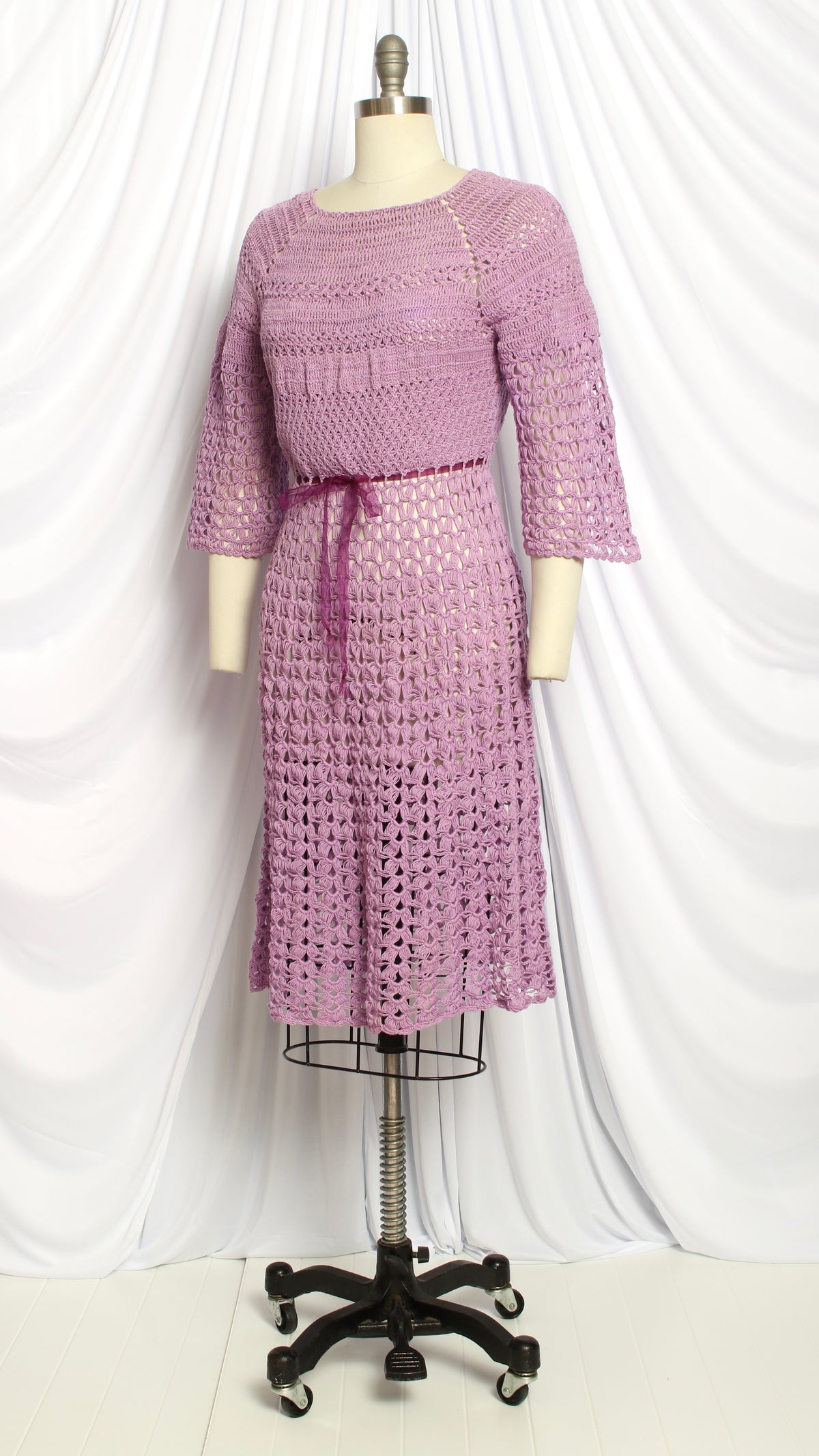 NEW | 1970s Purple Crochet Bell Sleeve Dress | small/medium/large