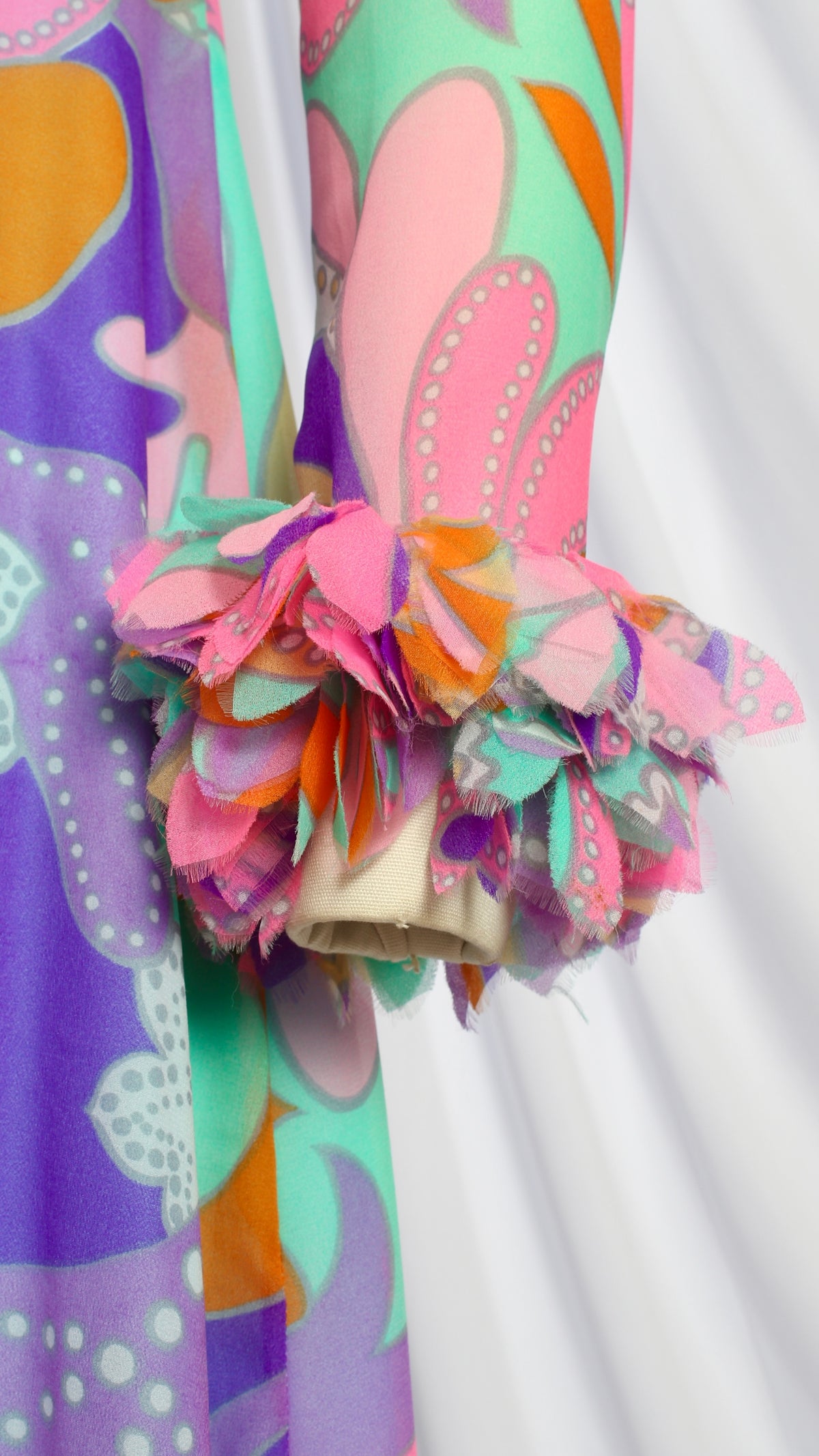 NEW | 1970s Psychedelic Geometric Chiffon Gown with Fluffy Cuffs | small/medium