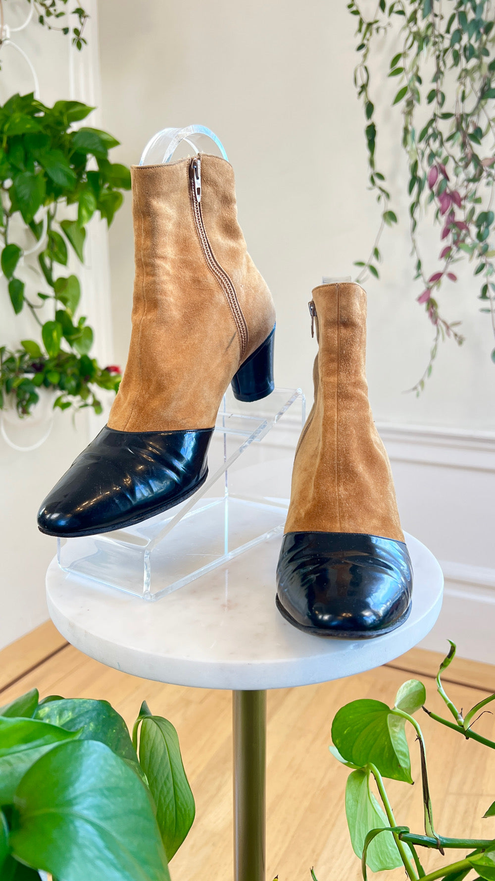 1960s Suede + Patent Leather Ankle Boots | size US 6.5