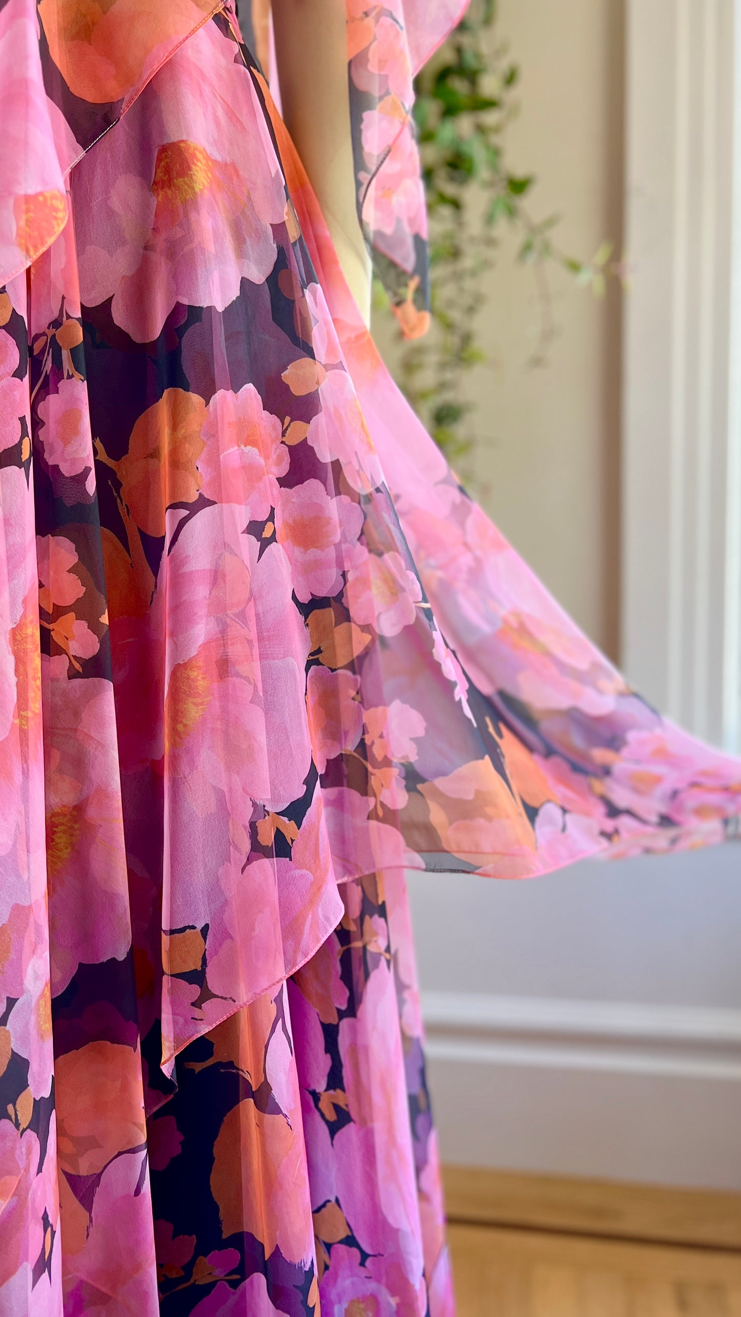 1970s Floral Tiered Chiffon Dress | small