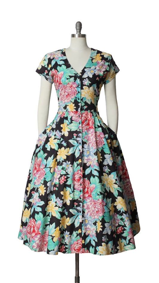 NEW | 1990s Floral Cotton Shirtwaist Dress | medium