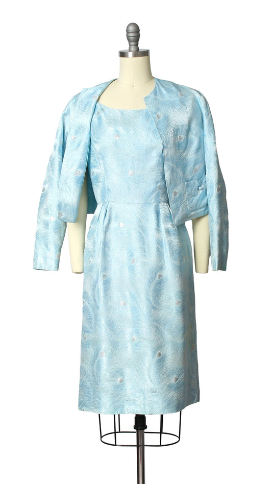 NEW | 1960s Metallic Peacock Feather Novelty Dress Set | small