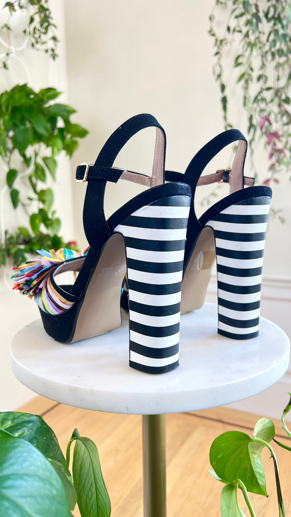 Modern BETSEY JOHNSON 1970s Style Platform Striped Pom Pom Heels | size US 8