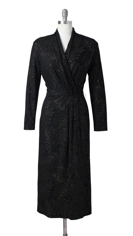 1980s Gold Pointillist Leaf Wool Wrap Dress | medium/large