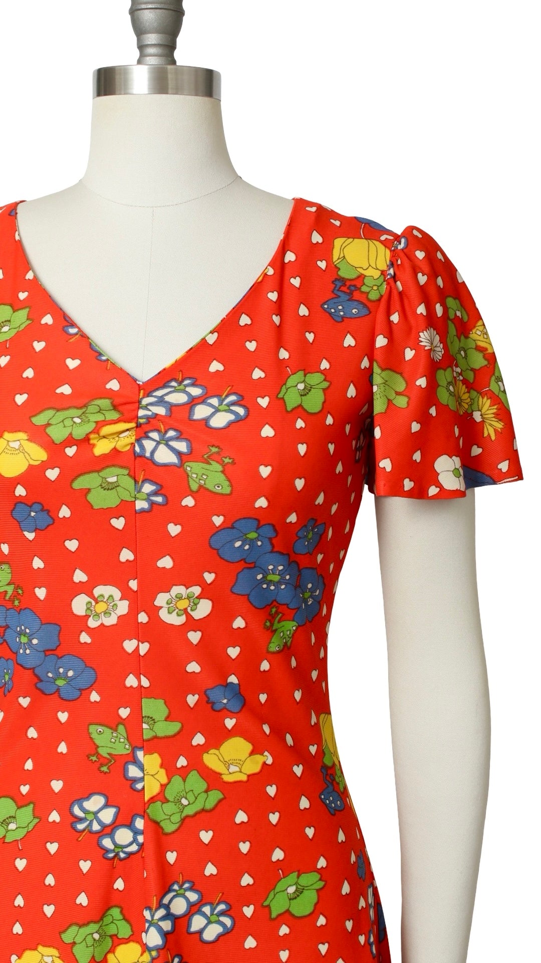 NEW | 1970s Frog Floral Hearts Novelty Print Dress | small