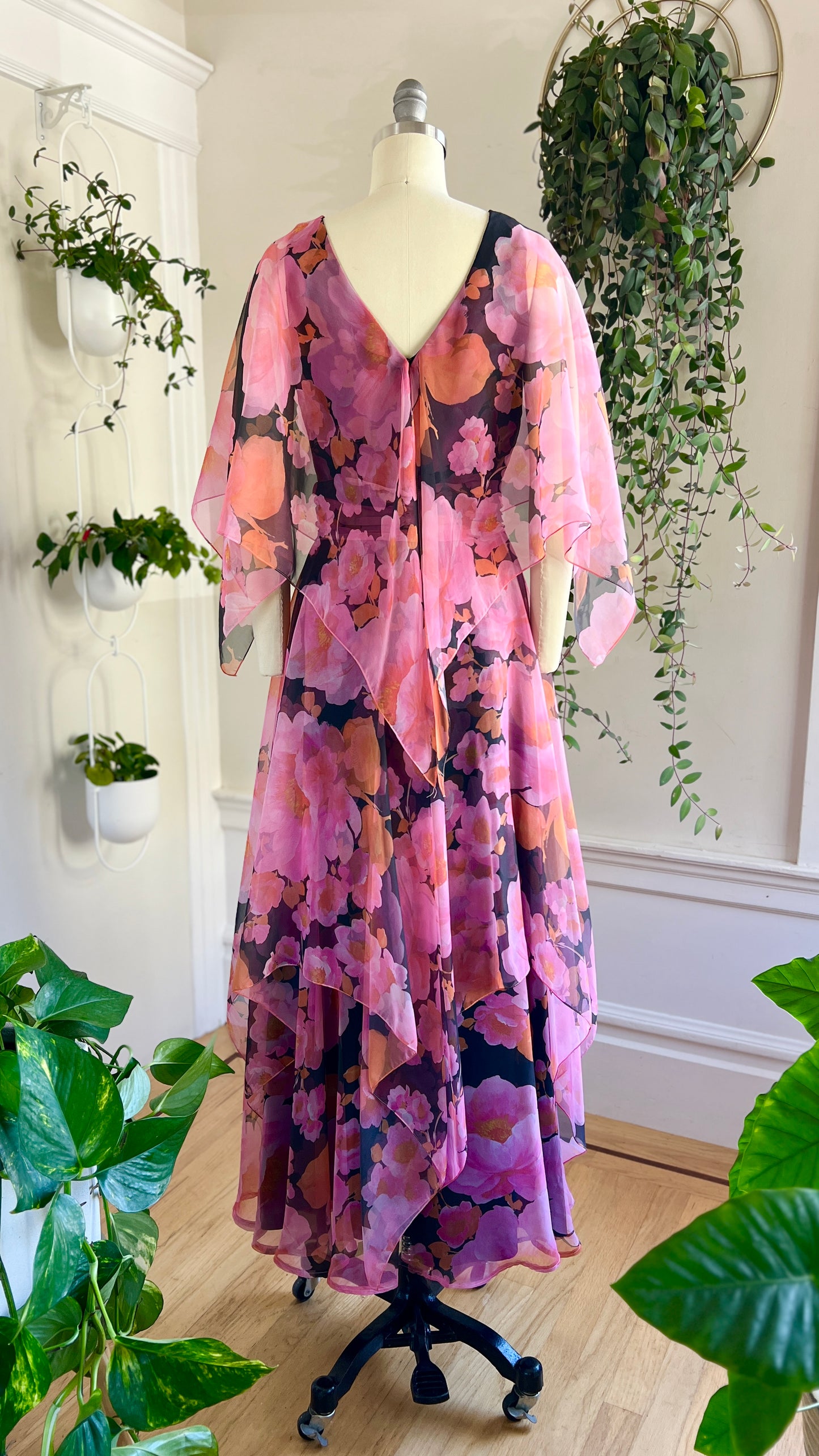 1970s Floral Tiered Chiffon Dress | small