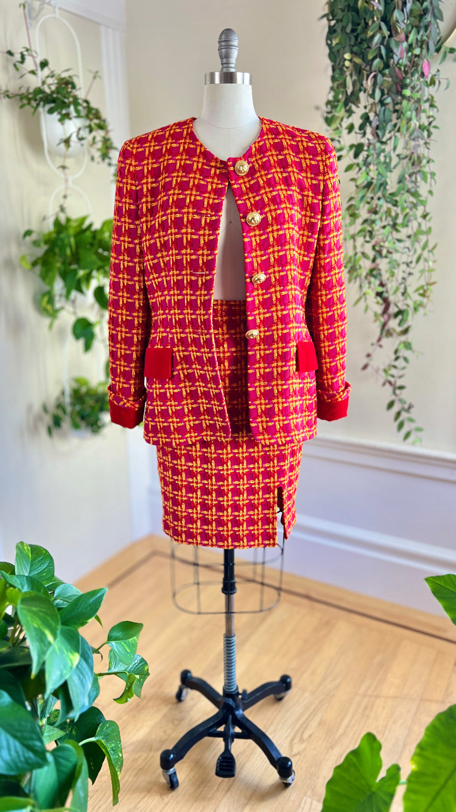 1980s ESCADA Chenille Plaid Wool Skirt Suit | medium