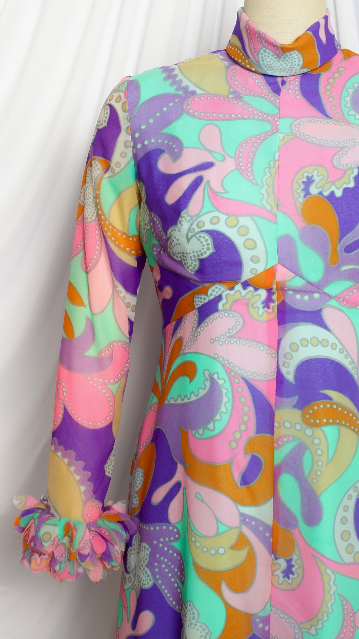 NEW | 1970s Psychedelic Geometric Chiffon Gown with Fluffy Cuffs | small/medium
