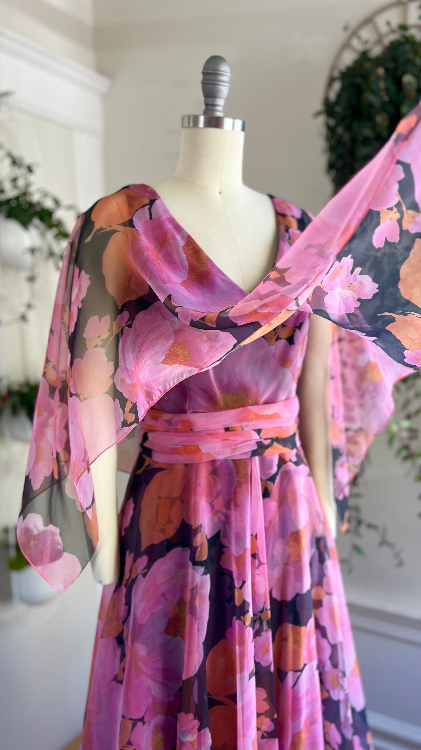 1970s Floral Tiered Chiffon Dress | small