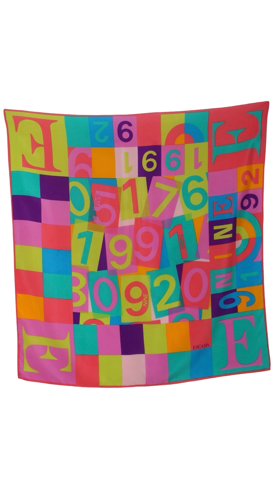 1990s ESCADA Silk Numbers Letters Novelty Print Scarf