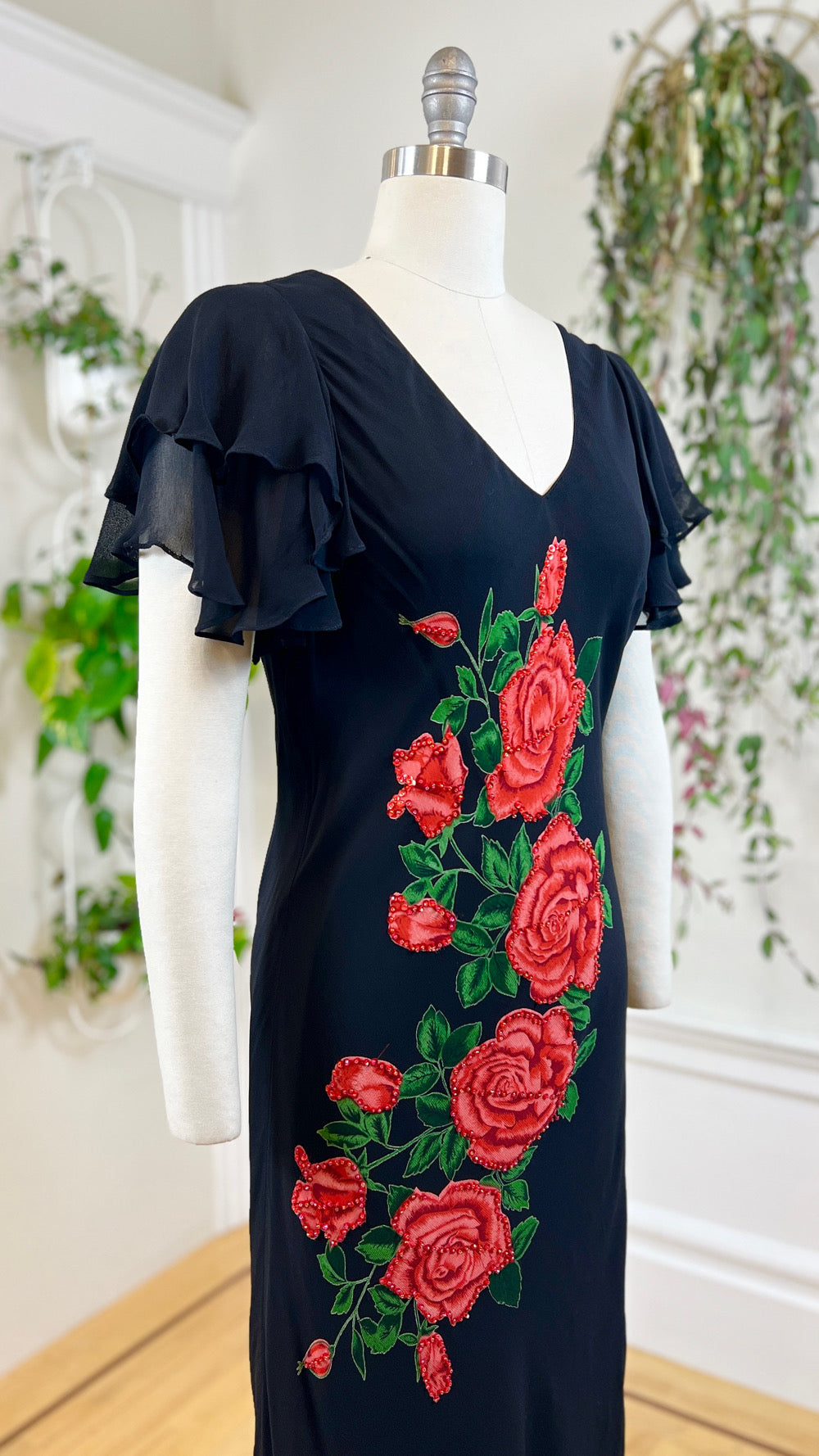 2000s Sequin Roses Bias Cut Rayon Dress | medium/large