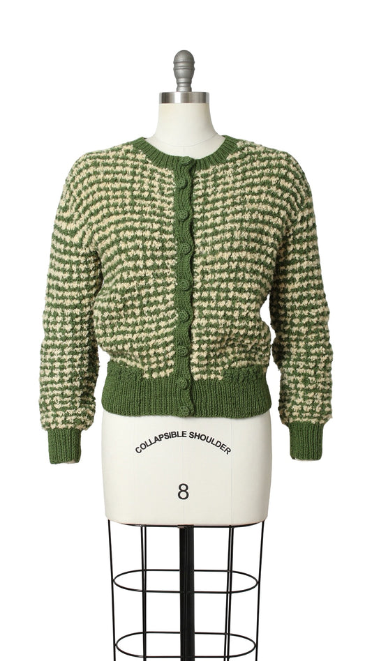 NEW | 1950s Green Bouclé Knit Wool Cardigan | medium