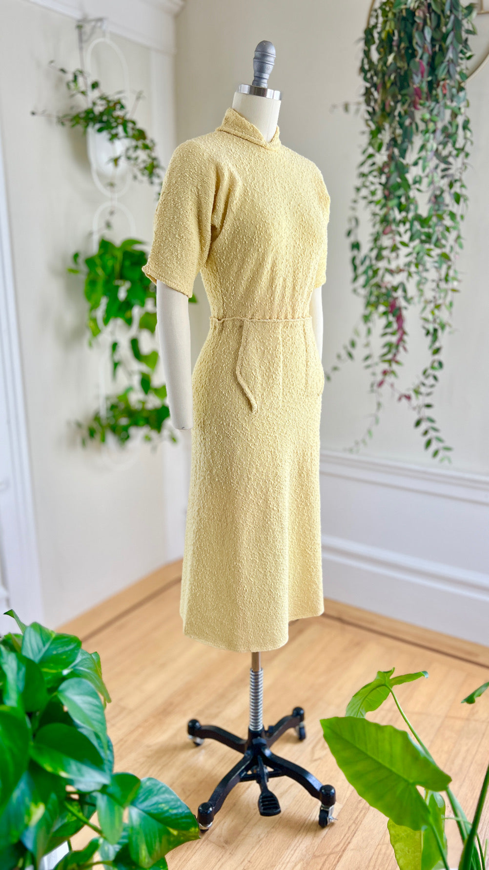 1940s Yellow Knit Wool Dress with Belt