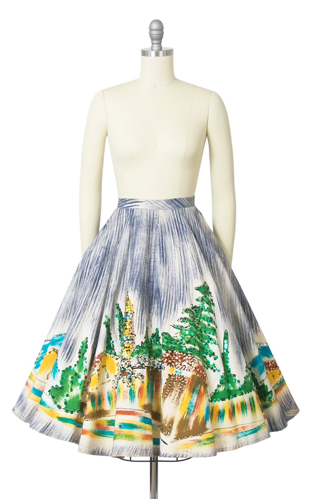 1950s Mexican Hand-Painted Novelty Print Sequin Circle Skirt | x-small