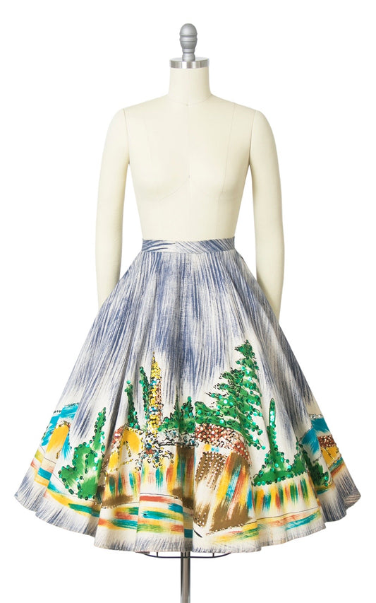1950s Mexican Hand-Painted Novelty Print Sequin Circle Skirt | x-small