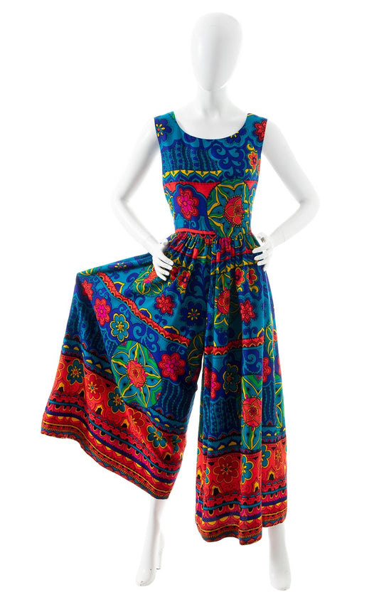 1960s 1970s Floral Border Print Palazzo Jumpsuit | medium