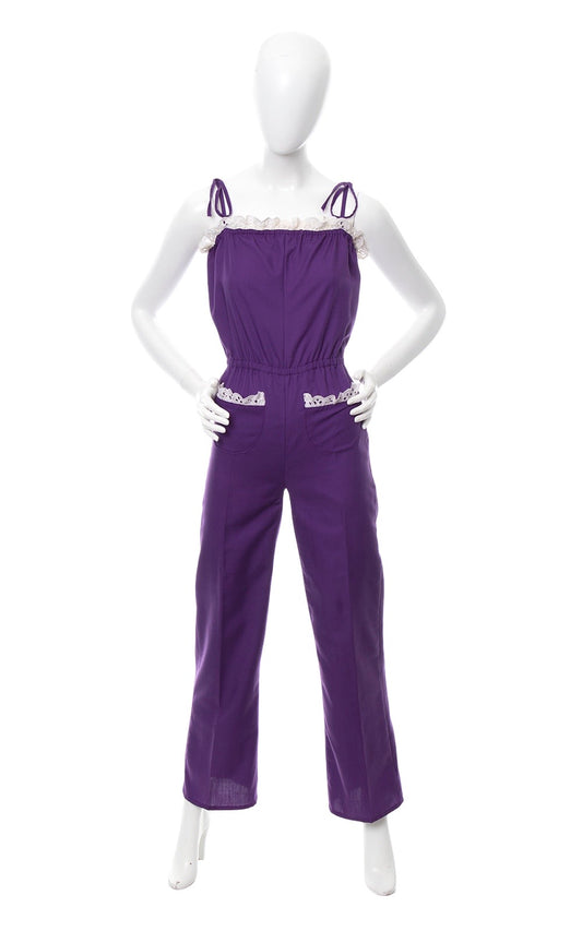 1970s Purple Tie Straps Lace Trim Jumpsuit | x-small
