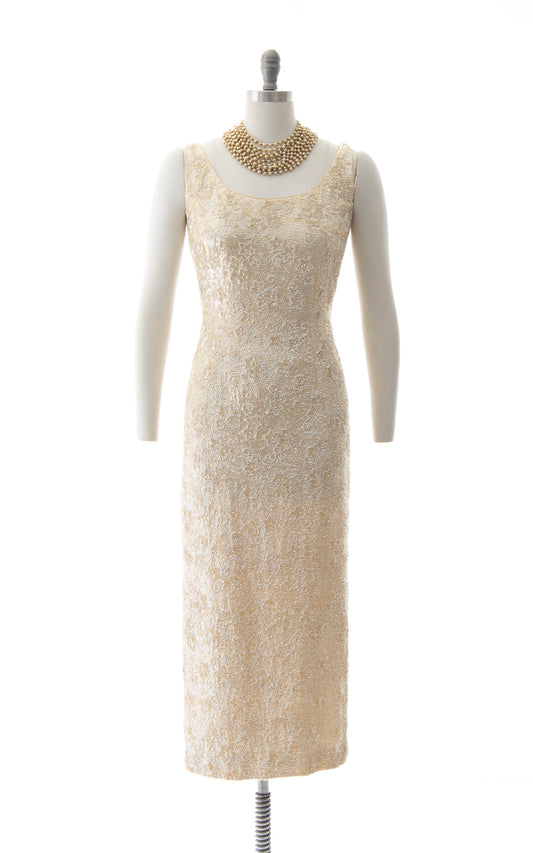 NEW ARRIVAL || 1950s Floral Beaded Sequin Silk Gown | small