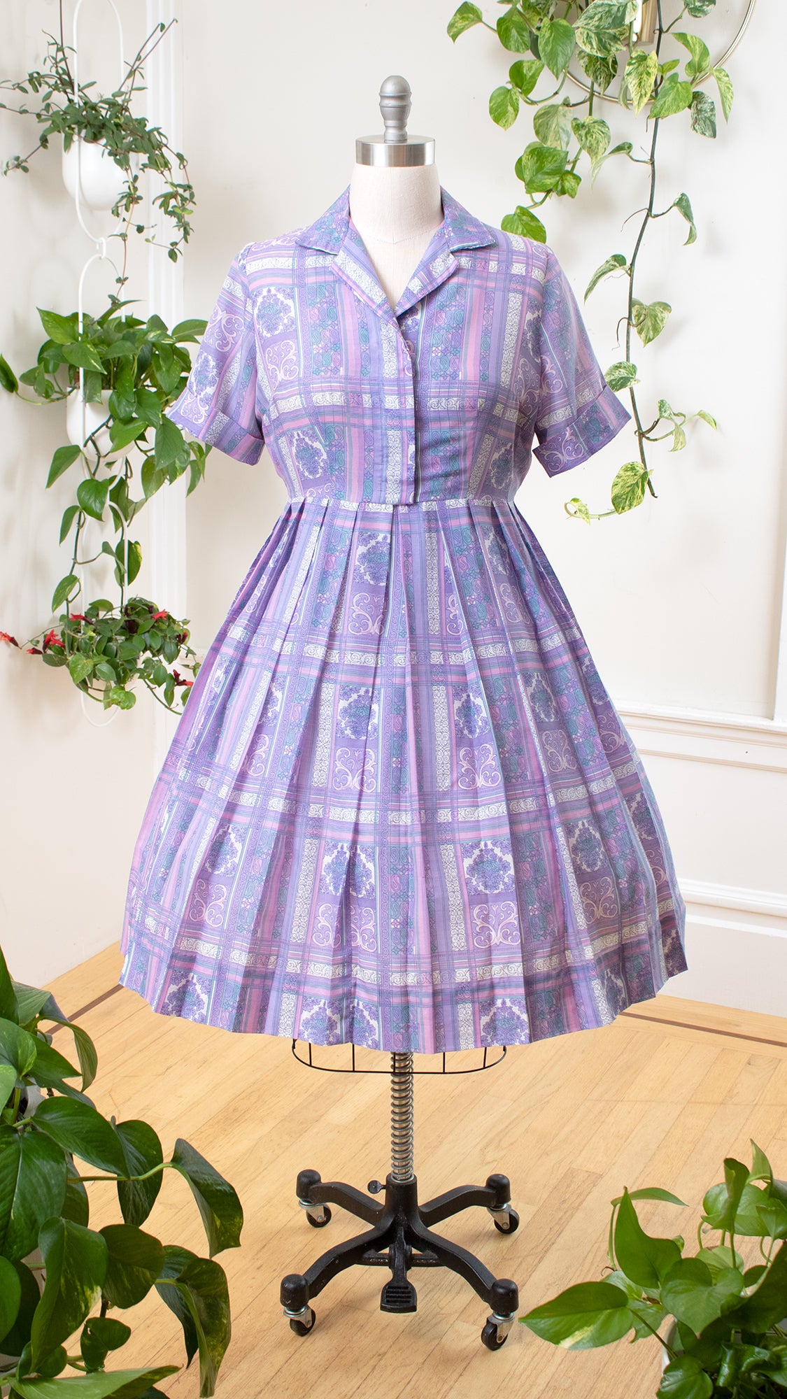 1960s Floral Paisley Plaid Shirtwaist Dress | large
