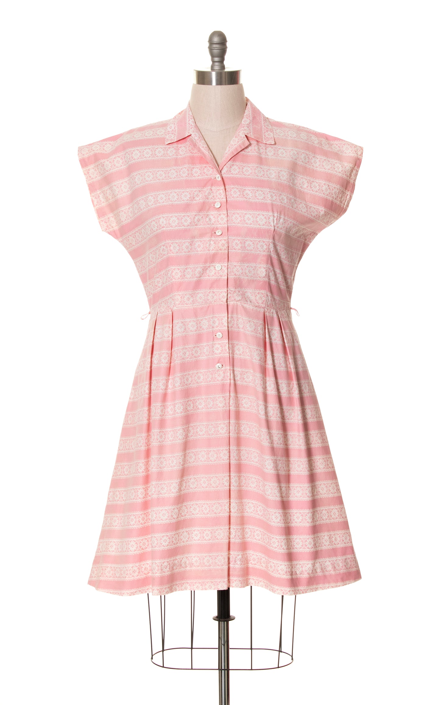 1940s 1950s Floral Striped Pink Cotton Shirtwaist Dress | large