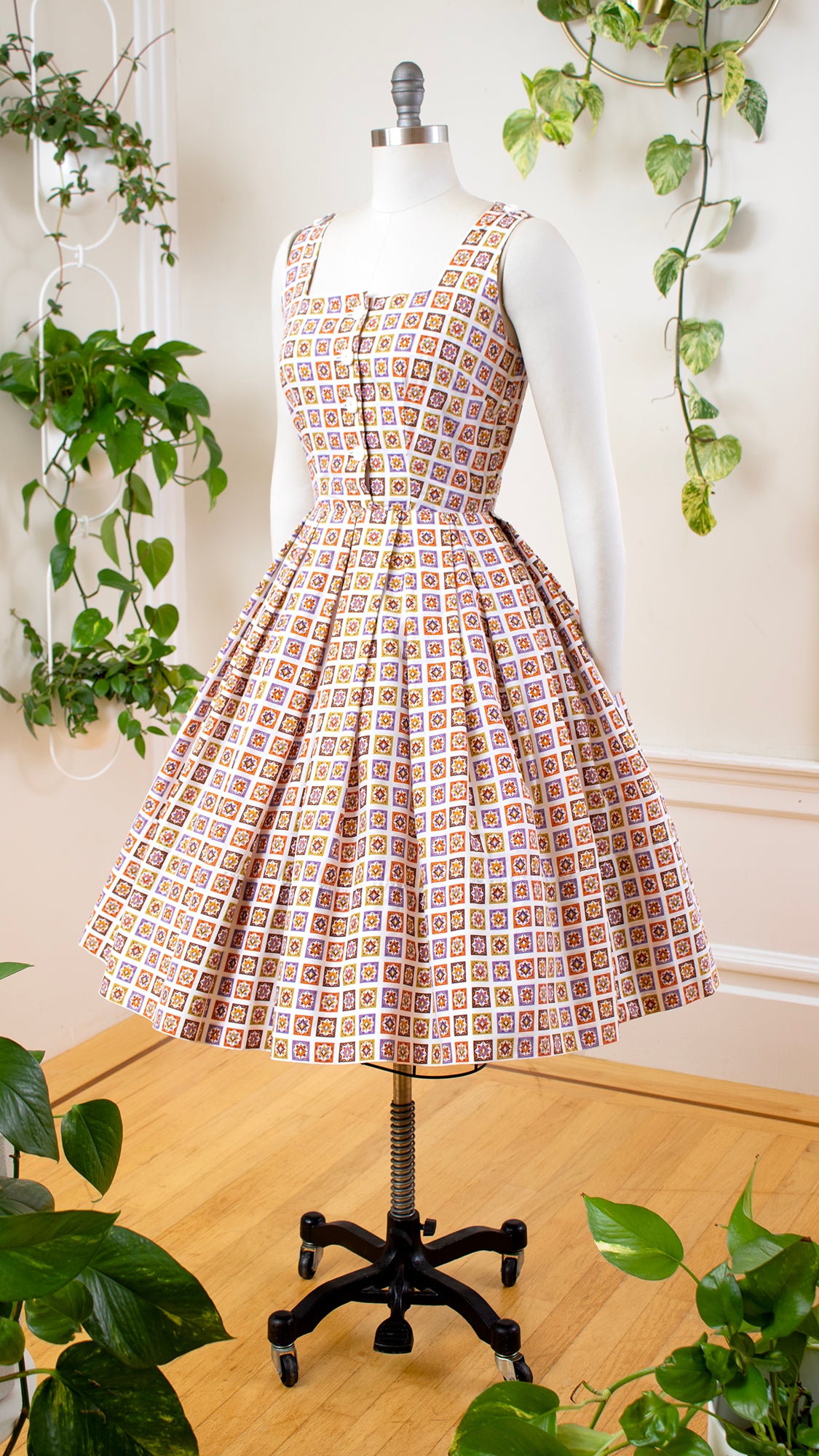 NEW ⭐️ 1950s Geometric Cotton Shirtwaist Dress | small