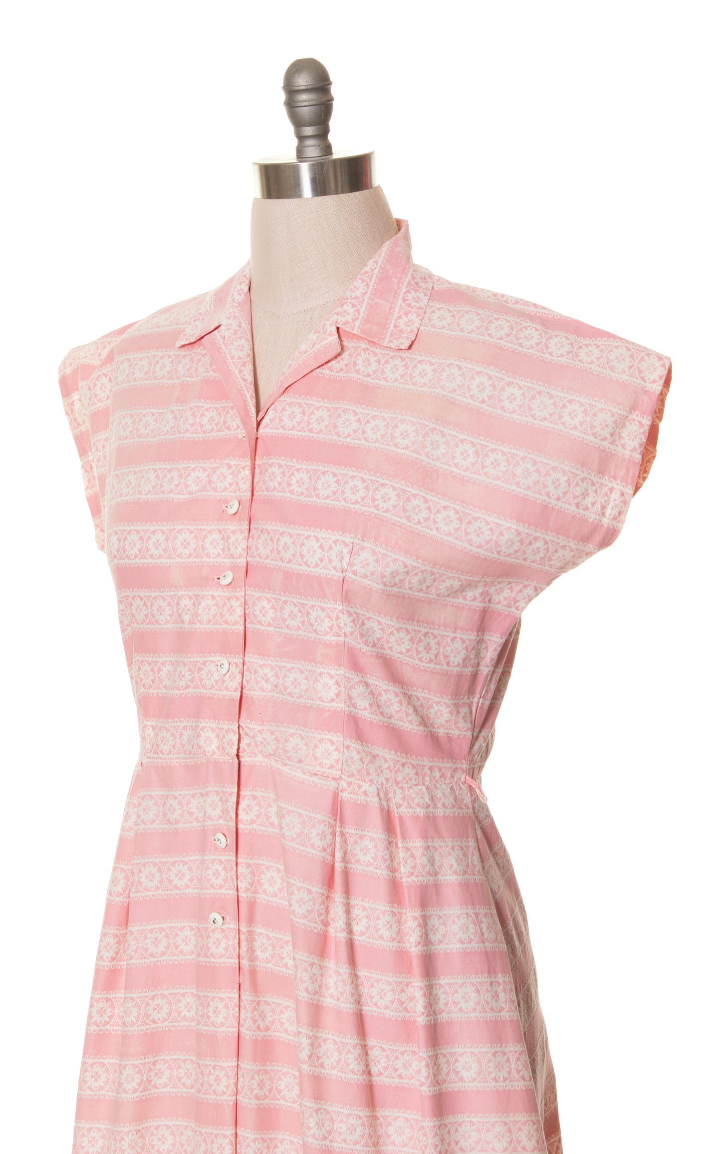 1940s 1950s Floral Striped Pink Cotton Shirtwaist Dress | large