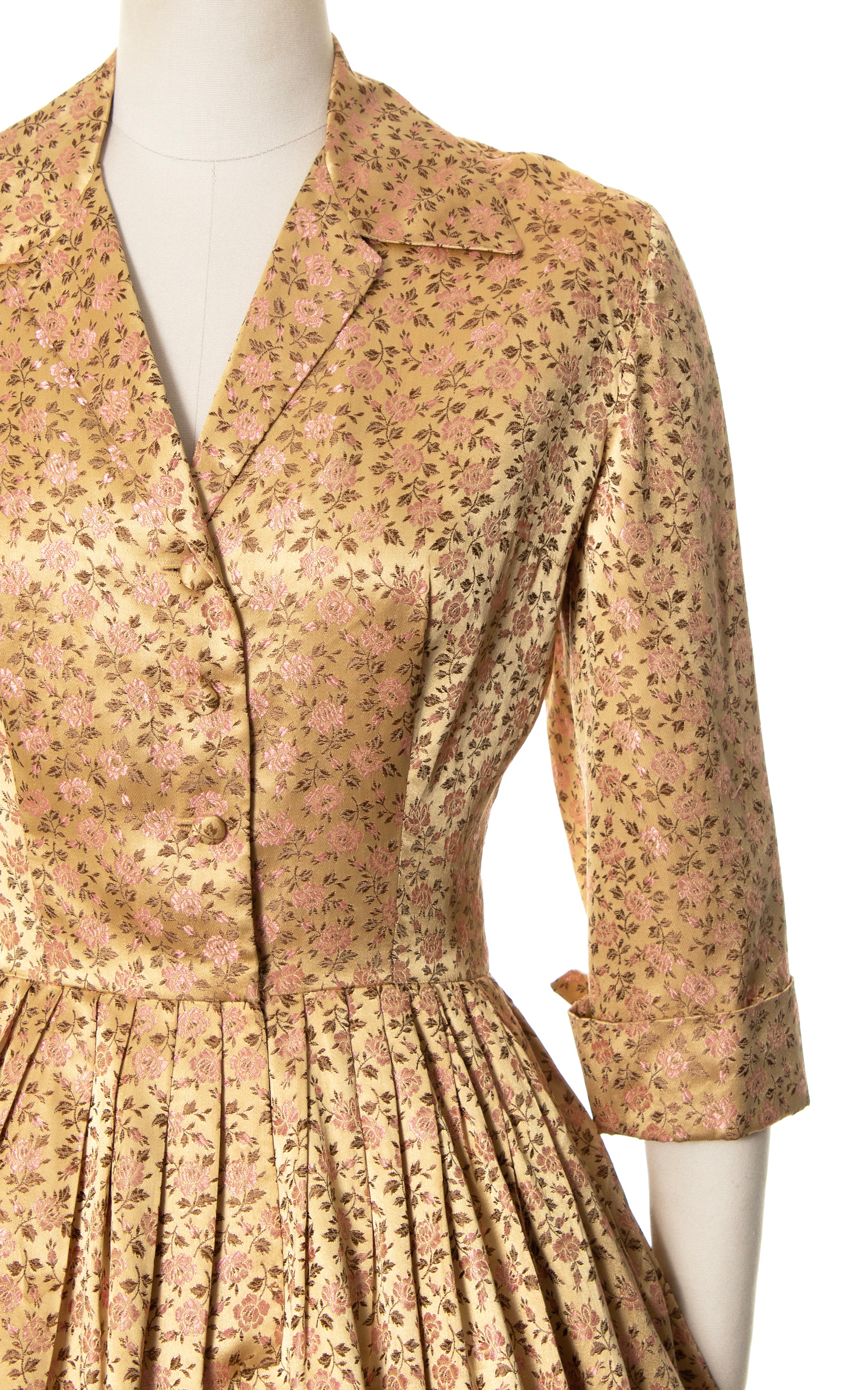 1950s Rose Satin Jacquard Shirtwaist Dress | medium Birthday Life Vintage 1950s Rose Satin Jacquard Shirtwaist Dress | medium Birthday Life Vintage