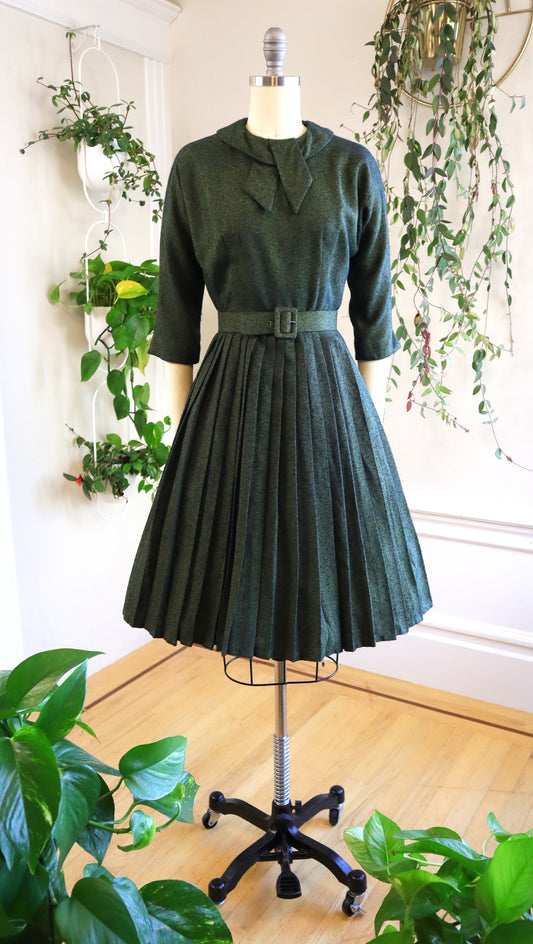 1950s Slubbed Green Day Dress | small