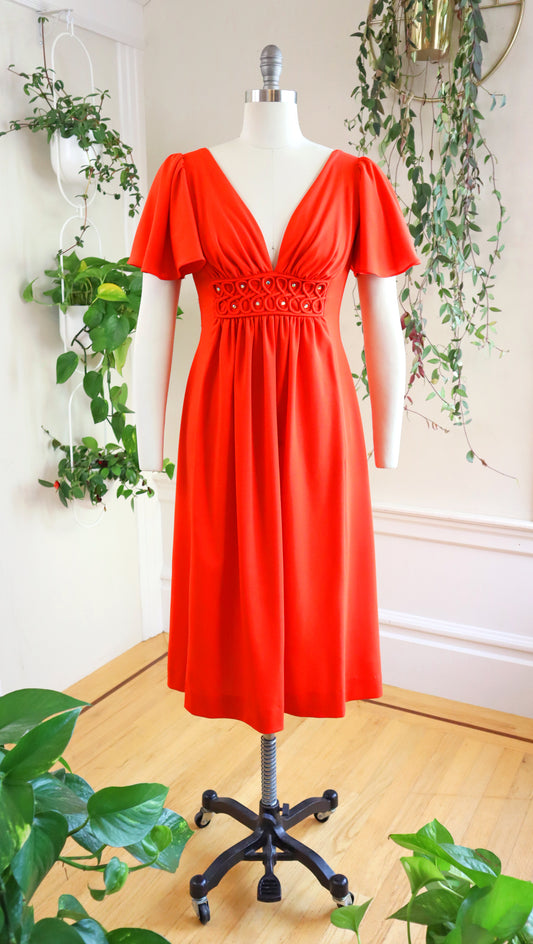 1970s Rhinestone Flutter Sleeve Midi Dress | small